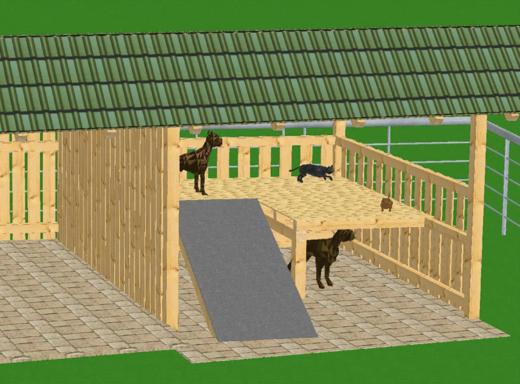 Ein Holzunterstand mit grünem Dach bietet Hunden und Katzen auf einer Plattform Ruhe und Schutz.