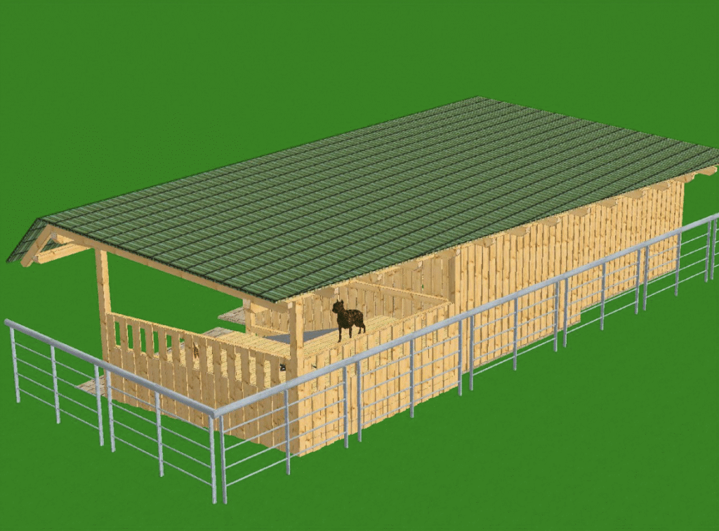 Schematische Darstellung eines Holzstalls mit grünem Dach, umgeben von einem Metallzaun, Tier im Inneren.
