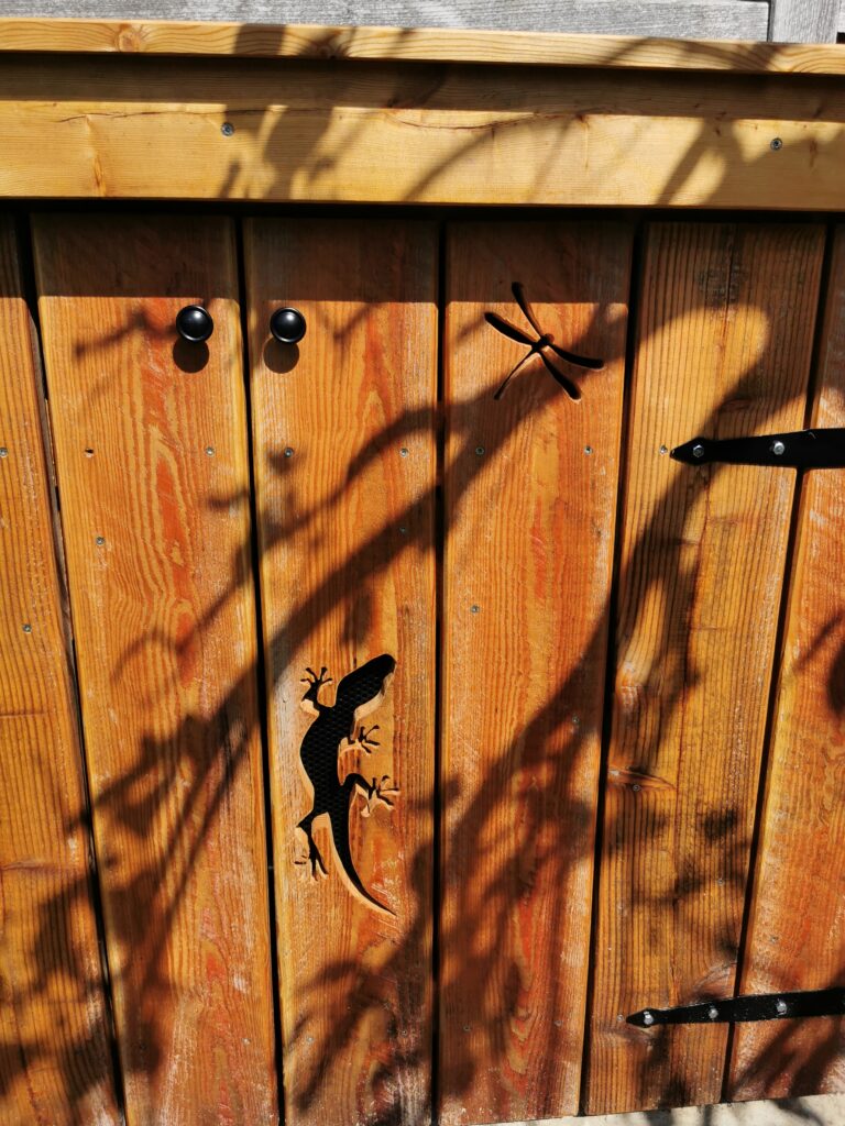 Holzwand mit ausgeschnittenen Silhouetten von Eidechse und Libelle, umgeben von sanften Pflanzenschatten.