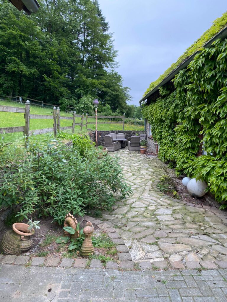 Ruhiger Garten mit Rattanmöbeln, üppigen Pflanzen, Tongefäßen und einer Laterne unter bewölktem Himmel.