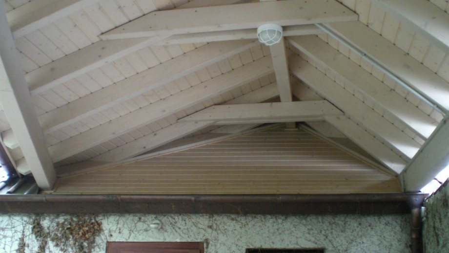 Holzdach mit sichtbaren Balken, Lampe, verputzter Wand und vertrockneten Pflanzenresten. Rustikale Atmosphäre.