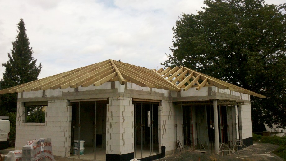 Baustelle mit Betonblöcken und Holz-Dachstuhl, umgeben von Bäumen unter bewölktem Himmel.