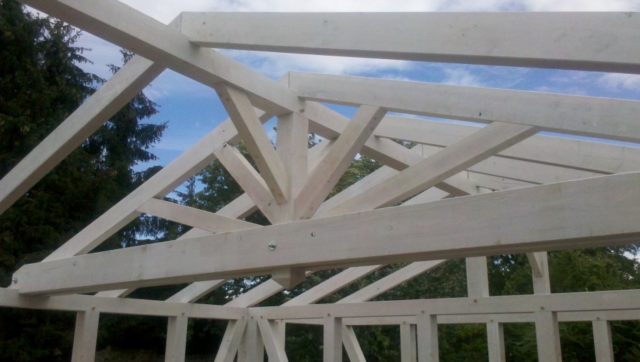 Holzkonstruktion eines Dachstuhls vor blauem Himmel und grünen Bäumen, zeigt Stabilität und Handwerkskunst.