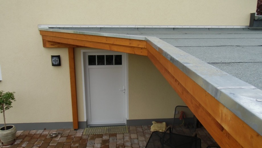Einladender Hauseingang mit weißer Tür, Vordach, Topfpflanze und Wandlicht auf beiger Fassade.