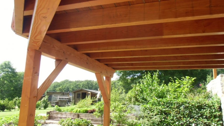 Holzüberdachung vor grünem Garten mit Büschen und Bäumen, sonniger Tag, ruhige, natürliche Atmosphäre.