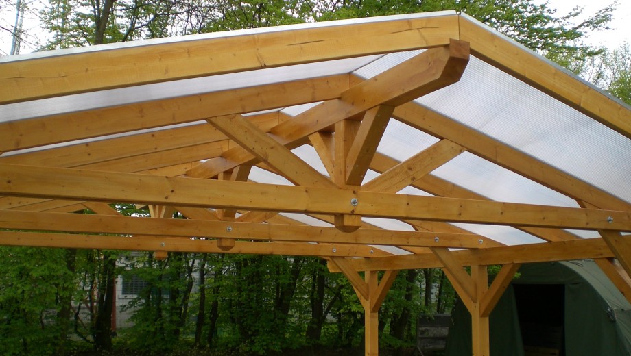 Holzkonstruktion mit transparentem Dach, umgeben von grünen Bäumen, vermutlich als Carport genutzt.