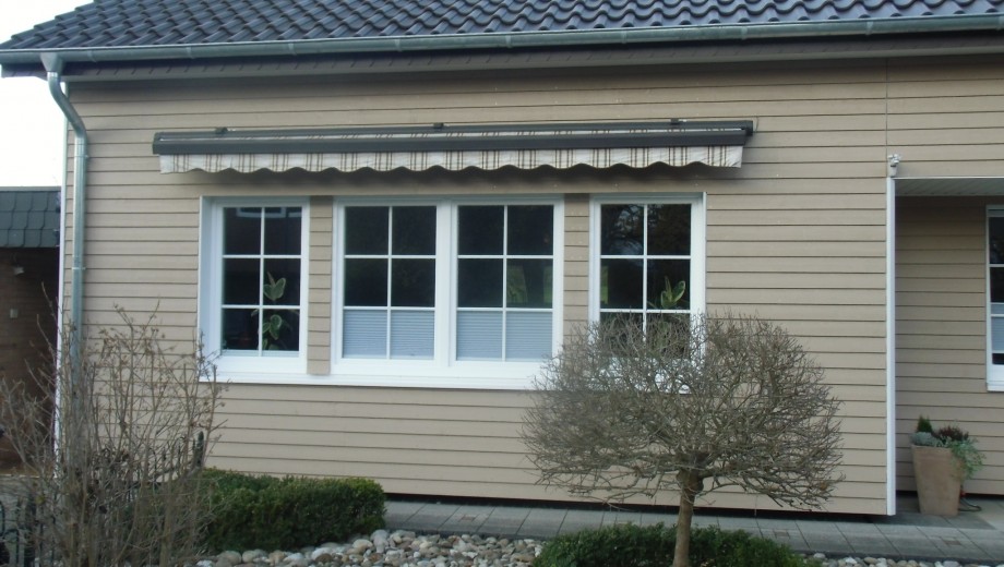 Ein großes Fenster mit weißem Rahmen, gestreifter Markise und kahlem Baum davor auf beiger Hausfassade.