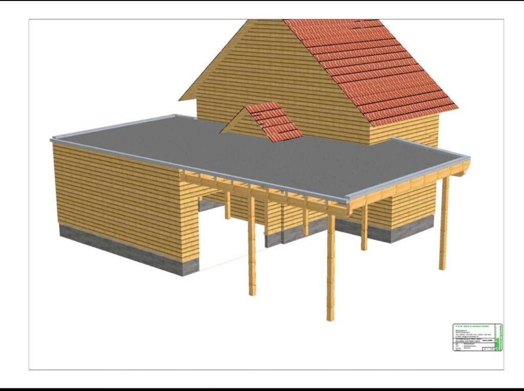 Architektonische Zeichnung eines Gebäudes mit rotem Satteldach und flachdachigem Holz-Anbau.